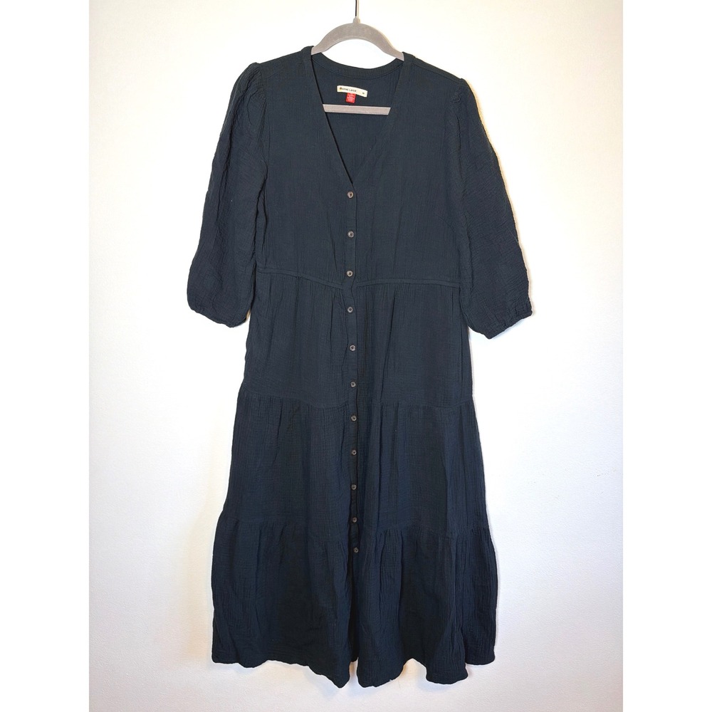 Marine Layer Willow Doublecloth Charcoal Grey Gauze Cotton Button Tiered Dress M